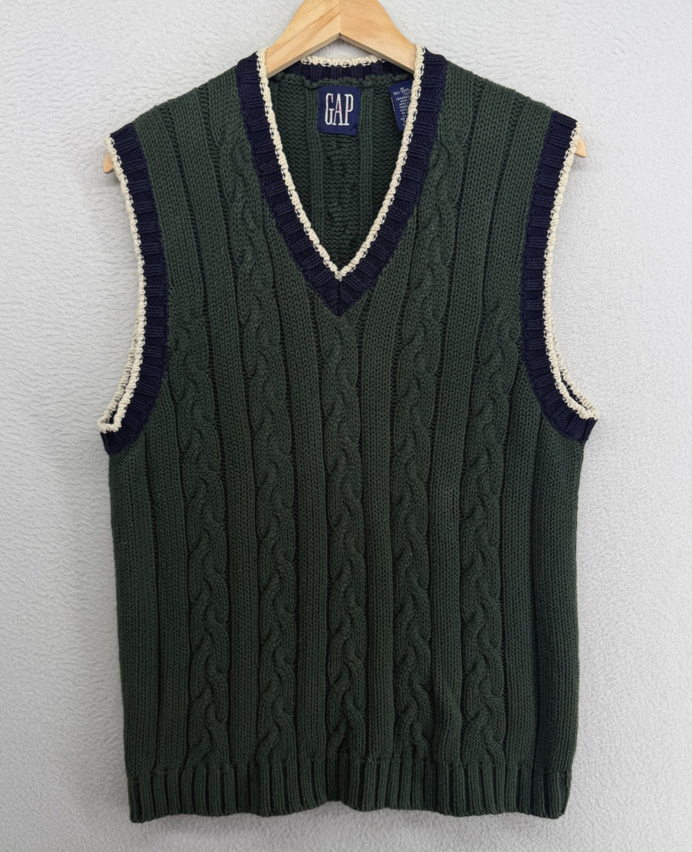 GAP Sweater Mens M Tennis Ramie Cotton Vest Cable V-Neck Pullover Green VTG HK